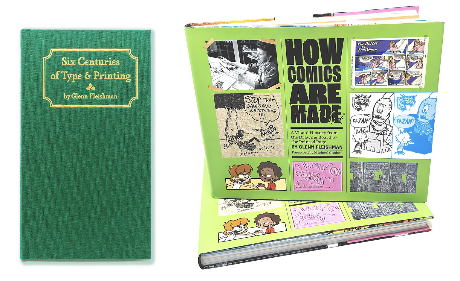 Two books: Six Centuries of Type and Printing in green cloth binding, and How Comics Are Made with colorful comic art cover
