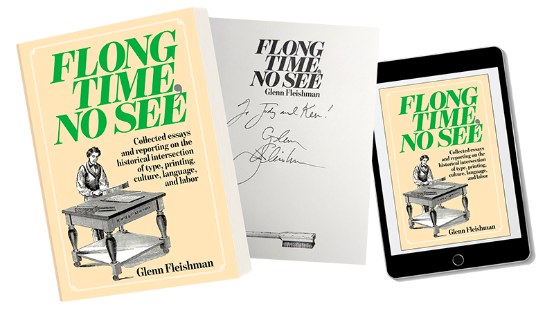 Flong Time, No See printed book with a signed and inscribed title page, alongside an ebook on a tablet