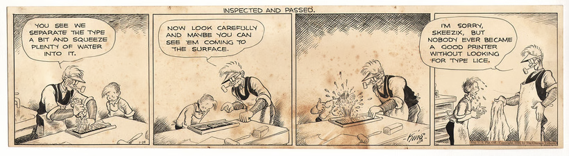 A Gasoline Alley comic strip about type lice being coaxed out of a type case