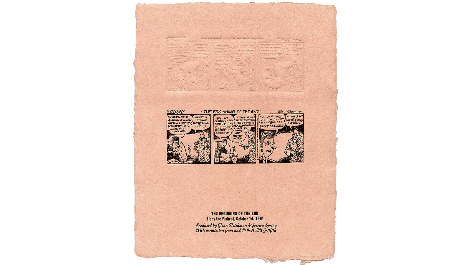 A Zippy the Pinhead flong re-creation on handmade paper with letterpress printing